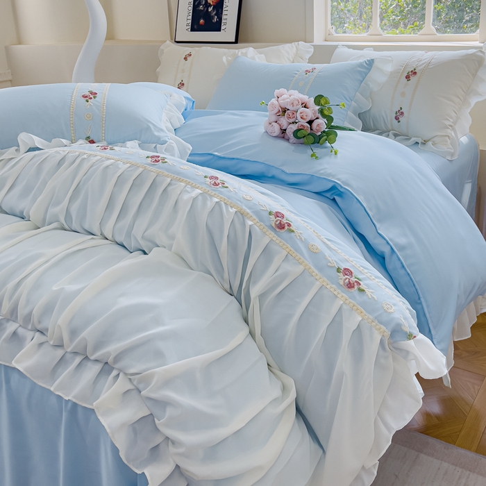 91家纺网 家纺一手货源 找家纺 花香四季家纺 2024新款水洗真丝刺绣花边公主风四件套--繁花系列 繁花-蓝色