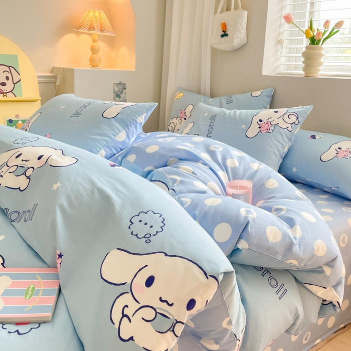 91家纺网 家纺一手货源 找家纺 博雅 2024新款全棉三丽鸥AB版活性印花四件套 甜品玉桂狗