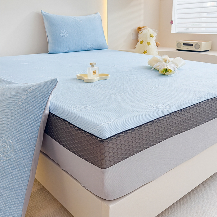 91家纺网 家纺一手货源 找家纺 邦妮家纺 2024新款A类凉感丝床笠凉席床垫30公分内可用 花语-天蓝