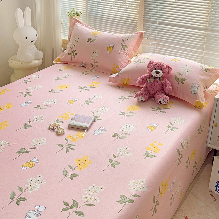 91家纺网 家纺一手货源 找家纺 大柏树 2025新款全棉13376印花四件套系列（可定制）-单床单 小花兔-粉