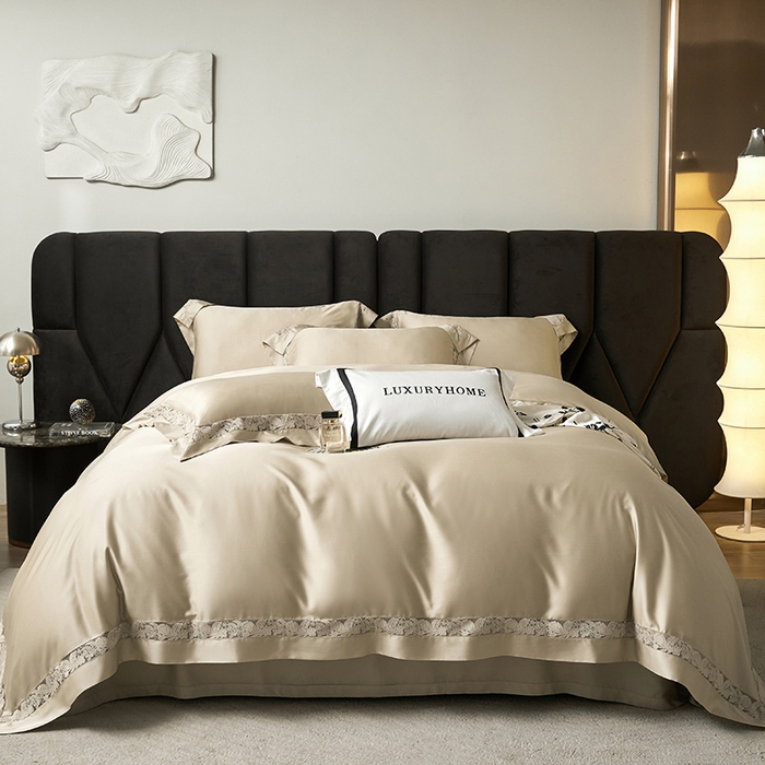 91家纺网 家纺一手货源 找家纺 榻尚家居 2024新款天丝棉法式镂空工艺款四件套--云绡（会员减20） 金芥色