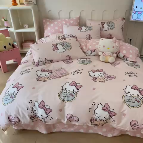 91家纺网 家纺一手货源 找家纺 博雅 2024新款全棉三丽鸥AB版活性印花四件套 曲奇kt