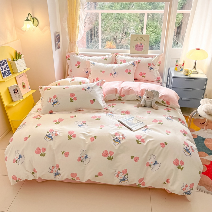 91家纺网 家纺一手货源 找家纺 涵宸家纺 2024新款全棉小清新印花单品套件--单被套 花丛兔