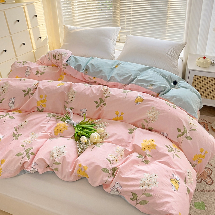 91家纺网 家纺一手货源 找家纺 大柏树 2025新款全棉13376印花四件套系列（可定制）-单被套 小花兔-粉