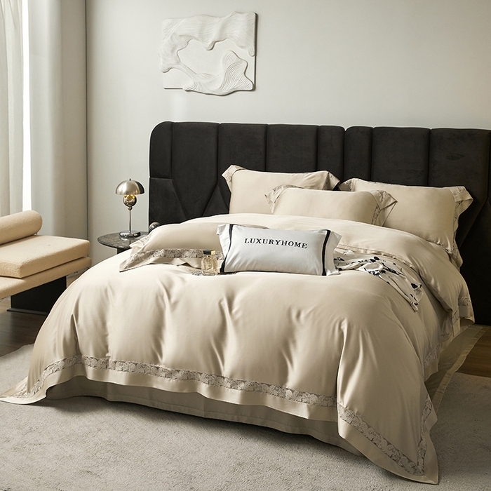 91家纺网 家纺一手货源 找家纺 榻尚家居 2024新款天丝棉法式镂空工艺款四件套--云绡（会员减20） 金芥色