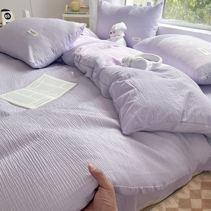 91家纺网 家纺一手货源 找家纺 优选良品 2025新款韩版轻奢皱皱纱水洗棉拼色床单床笠四件套三件套-芋泥紫