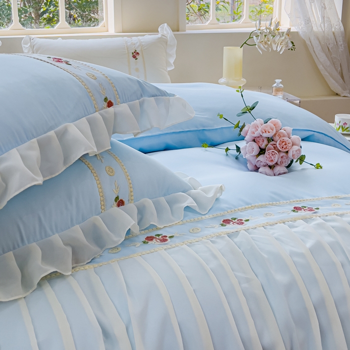 91家纺网 家纺一手货源 找家纺 花香四季家纺 2024新款水洗真丝刺绣花边公主风四件套--繁花系列 繁花-蓝色