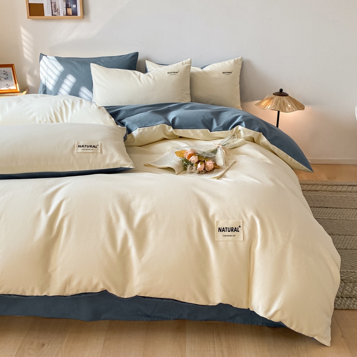 91家纺网 家纺一手货源 找家纺 芊寻家居 2024新款13372全棉纯色四件套无印良品风简约套件 奶白-深蓝