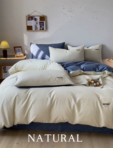 91家纺网 家纺一手货源 找家纺 芊寻家居 2024新款13372全棉纯色四件套无印良品风简约套件 奶白-深蓝