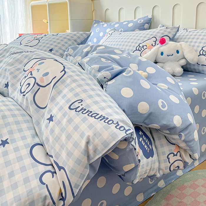 91家纺网 家纺一手货源 找家纺 博雅 2024新款全棉三丽鸥AB版活性印花四件套 小蓝格玉桂狗