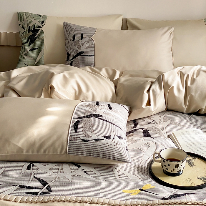 91家纺网 家纺一手货源 找家纺 （总）赫帛 2024新款50s缎纹数码印花长绒棉四件套--竹韵系列