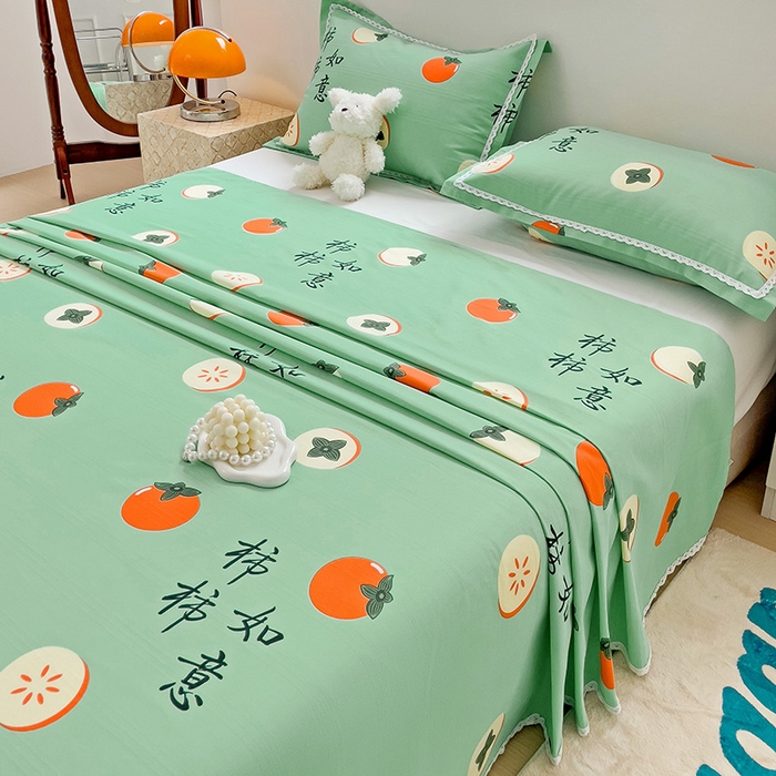 91家纺网 家纺一手货源 找家纺 梵克保罗 2024新款鱼骨棉老粗布凉席花边款床单三件套 柿柿如意-绿