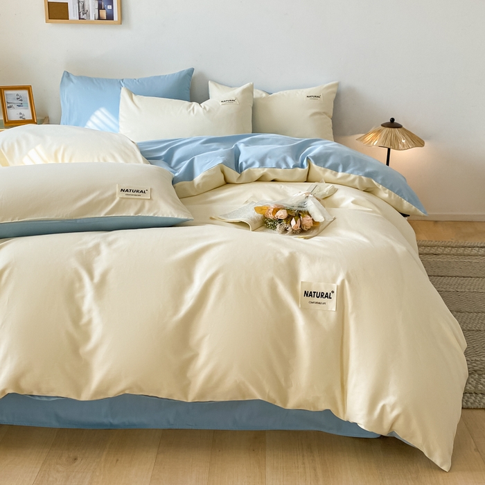 91家纺网 家纺一手货源 找家纺 芊寻家居 2024新款13372全棉纯色四件套无印良品风简约套件 奶白-海青