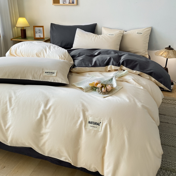 91家纺网 家纺一手货源 找家纺 芊寻家居 2024新款13372全棉纯色四件套无印良品风简约套件 奶茶-深灰