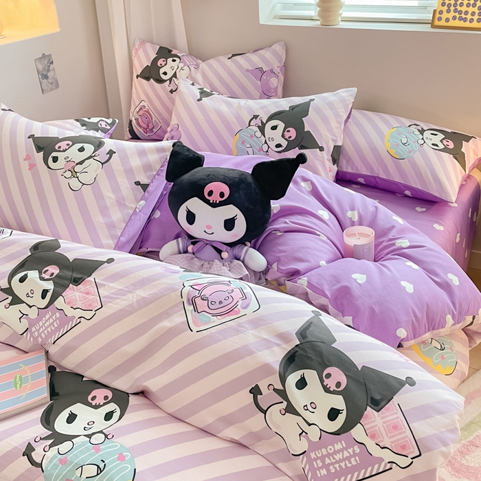 91家纺网 家纺一手货源 找家纺 博雅 2024新款全棉三丽鸥AB版活性印花四件套 条纹库洛米