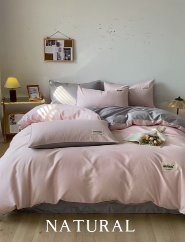 91家纺网 家纺一手货源 找家纺 芊寻家居 2024新款13372全棉纯色四件套无印良品风简约套件 奶油粉-浅灰