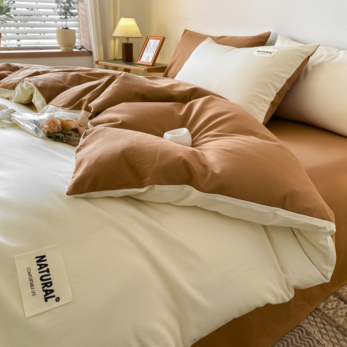 91家纺网 家纺一手货源 找家纺 芊寻家居 2024新款13372全棉纯色四件套无印良品风简约套件 奶白-卡其