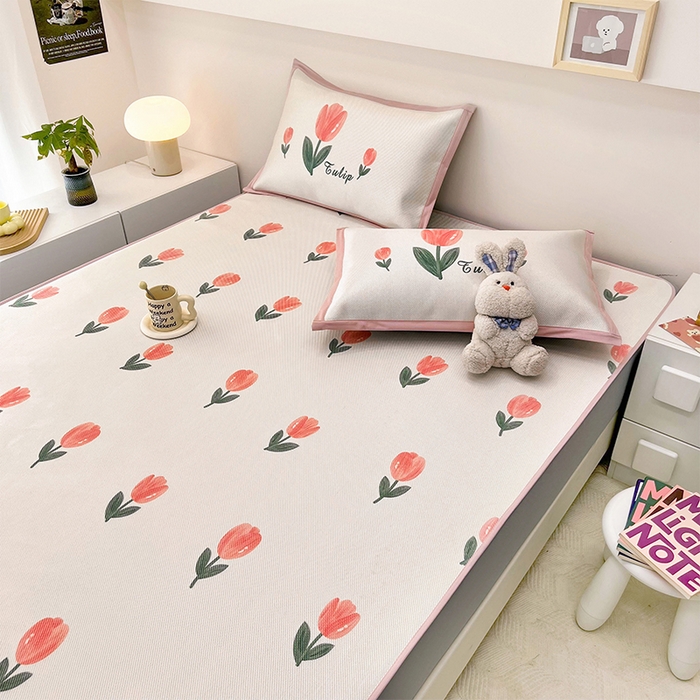 91家纺网 家纺一手货源 找家纺 全季家居 2024新款5A抗菌小清新数码印花冰藤席 郁金香（床笠款）