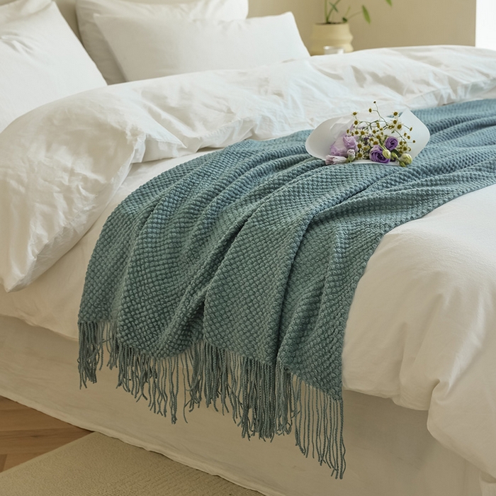 91家纺网 家纺一手货源 找家纺 朴尔家纺-毛巾被 2024年新款波波风流苏柔糯毯床尾毯沙发巾 波波流苏柔糯毯-莫蓝