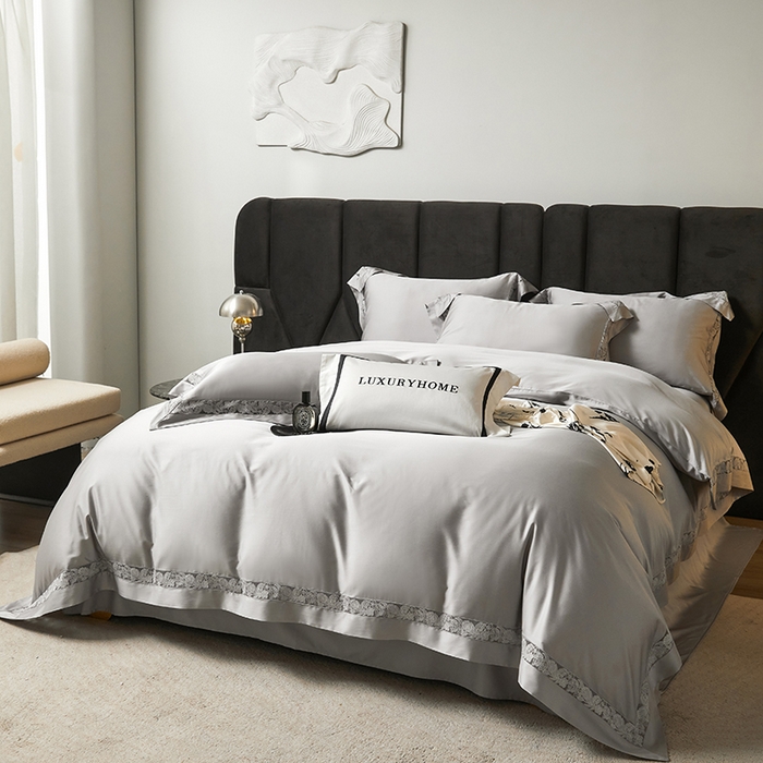 91家纺网 家纺一手货源 找家纺 榻尚家居 2024新款天丝棉法式镂空工艺款四件套--云绡（会员减20） 优雅灰