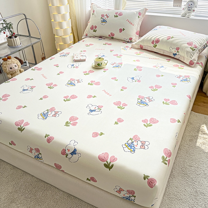 91家纺网 家纺一手货源 找家纺 涵宸家纺 2024新款全棉小清新印花单品套件--单床笠 床笠-花丛兔