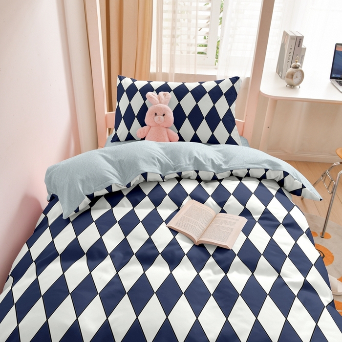 91家纺网 家纺一手货源 找家纺 啊雅家居 床上用品水洗棉印花五件套七件套 日系凌格蓝