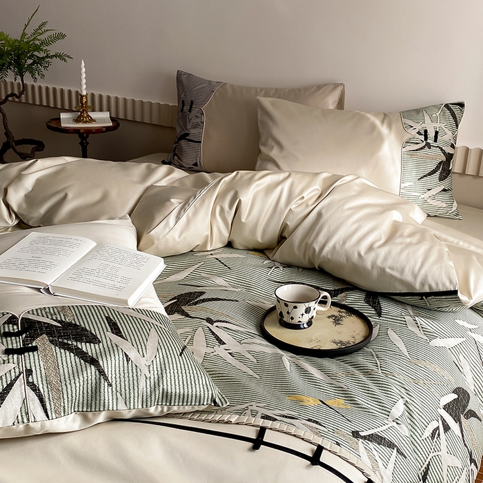 91家纺网 家纺一手货源 找家纺 赫帛 2024新款50s缎纹数码印花长绒棉四件套--竹韵系列 竹韵-绿色