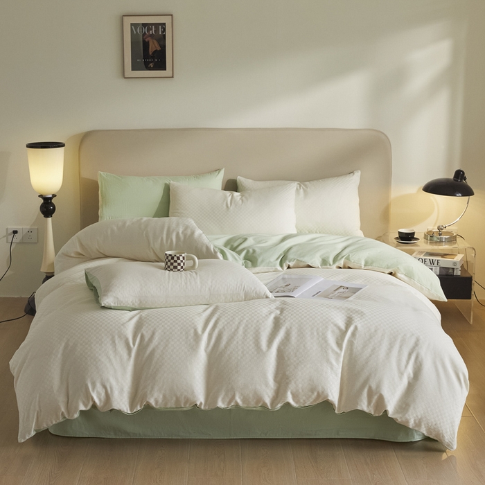 91家纺网 家纺一手货源 找家纺 涵宸家纺 2024新款全棉提花四件套-菲比 菲比-白绿