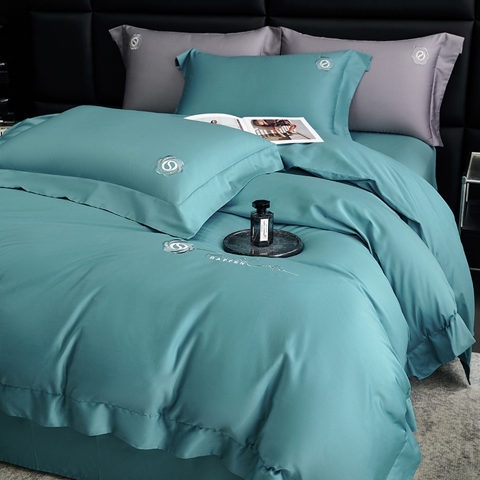 91家纺网 家纺一手货源 找家纺 榻尚家居 2024新款80S长绒棉纯色绣花系列四件套--静谧系列 静谧-蓝