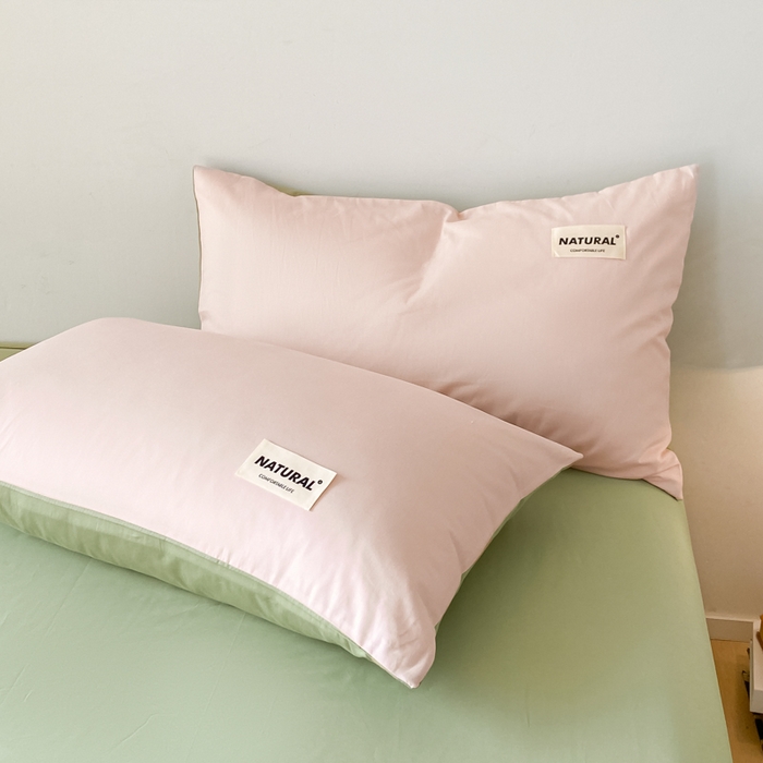 91家纺网 家纺一手货源 找家纺 芊寻家居 2024新款13372全棉纯色四件套无印良品风简约套件 奶油粉-果绿