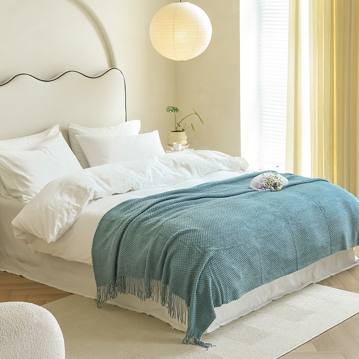 91家纺网 家纺一手货源 找家纺 朴尔家纺-毛巾被 2024年新款波波风流苏柔糯毯床尾毯沙发巾 波波流苏柔糯毯-莫蓝