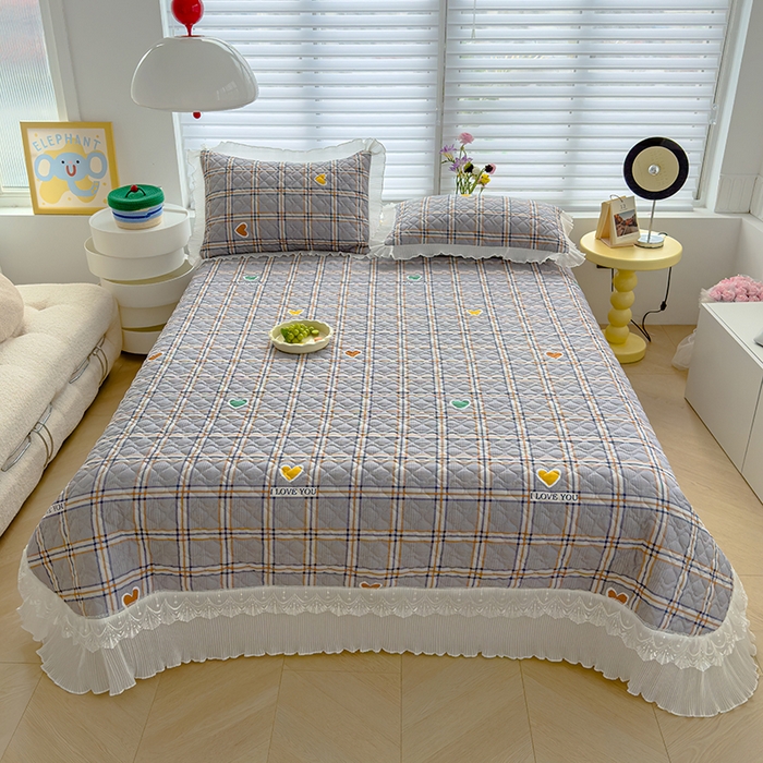 91家纺网 家纺一手货源 找家纺 冬然 2023新款全棉床盖纯棉床盖夹棉床单全棉床单纯棉床单爱心格灰