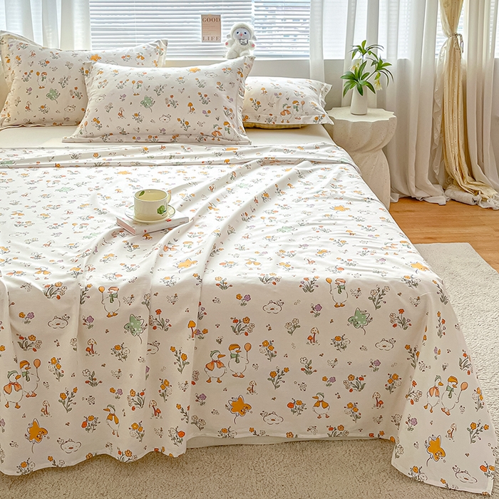 91家纺网 家纺一手货源 找家纺 涵宸家纺 2024新款全棉小清新印花单品套件--单床单 床单-开心鸭