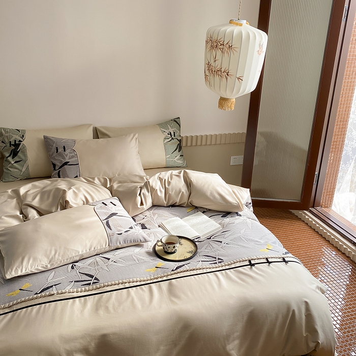 91家纺网 家纺一手货源 找家纺 （总）赫帛 2024新款50s缎纹数码印花长绒棉四件套--竹韵系列