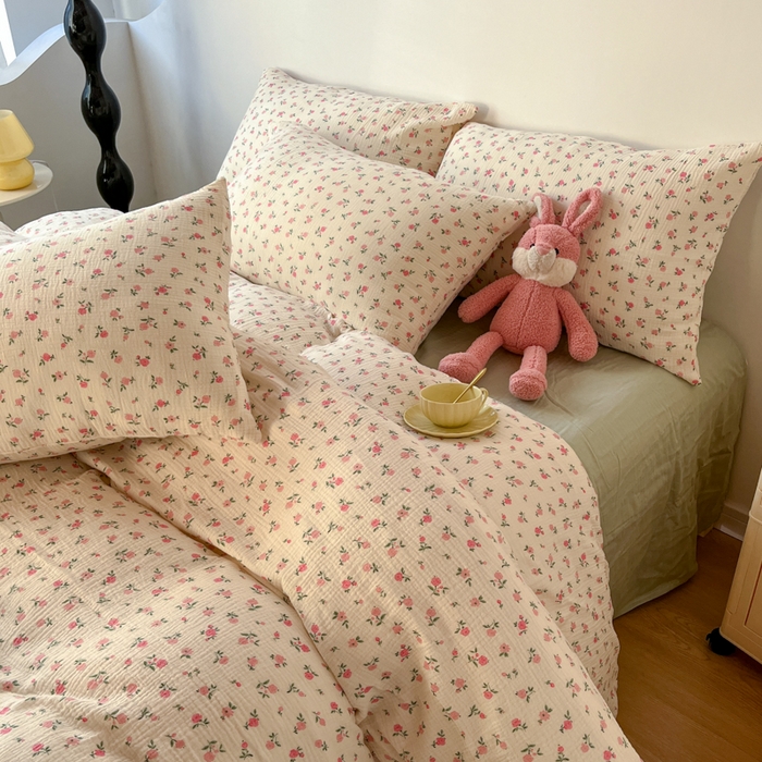 91家纺网 家纺一手货源 找家纺 千朵 2024新款全棉双层纱四件套 甜心粉