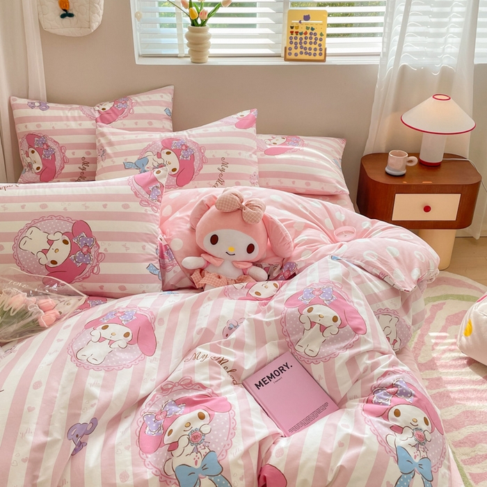 91家纺网 家纺一手货源 找家纺 博雅 2024新款全棉三丽鸥AB版活性印花四件套 甜甜美乐蒂