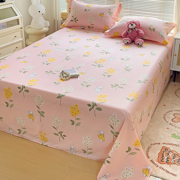 91家纺网 家纺一手货源 找家纺 大柏树 2025新款全棉13376印花四件套系列（可定制）-单床单 小花兔-粉