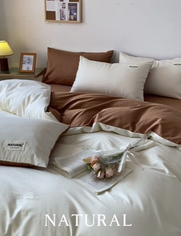 91家纺网 家纺一手货源 找家纺 芊寻家居 2024新款13372全棉纯色四件套无印良品风简约套件 奶白-卡其