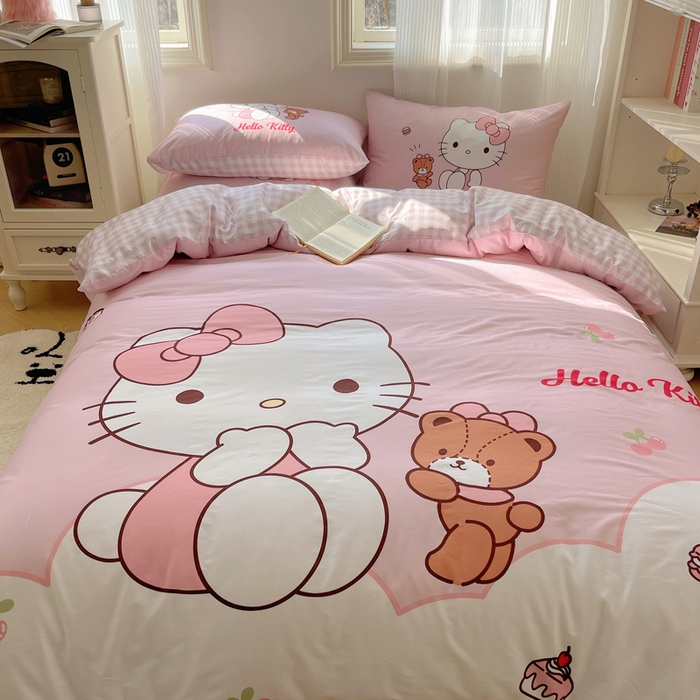 91家纺网 家纺一手货源 找家纺 星座 2025大版全棉三丽鸥四件套 樱桃KT