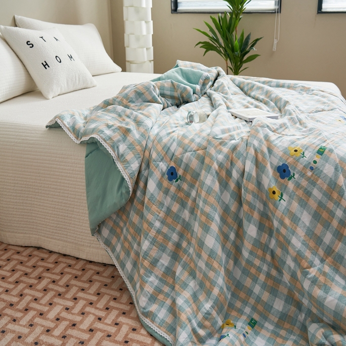 91家纺网 家纺一手货源 找家纺 畅销被业 2025新款水洗棉印花夏被夏凉被空调被 小绿格