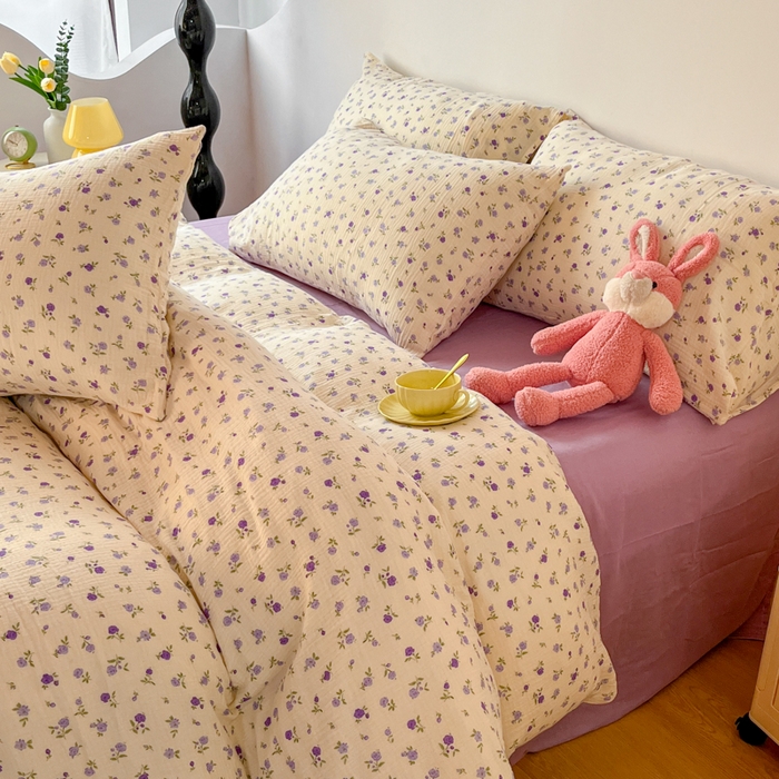 91家纺网 家纺一手货源 找家纺 千朵 2024新款全棉双层纱四件套 甜心紫