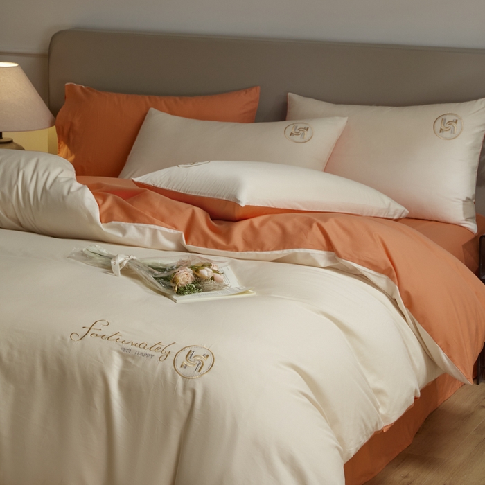 91家纺网 家纺一手货源 找家纺 梵克保罗 2024新款全棉轻奢纯色双拼刺绣四件套 米黄橙