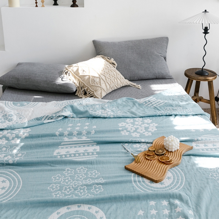 91家纺网 家纺一手货源 找家纺 朴尔家纺-毛巾被 2024新款加厚三层水洗棉全棉纱布毛巾被 星星点点-兰