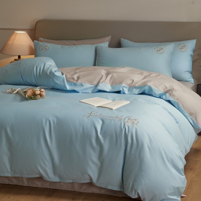 91家纺网 家纺一手货源 找家纺 梵克保罗 2024新款全棉轻奢纯色双拼刺绣四件套 星空灰