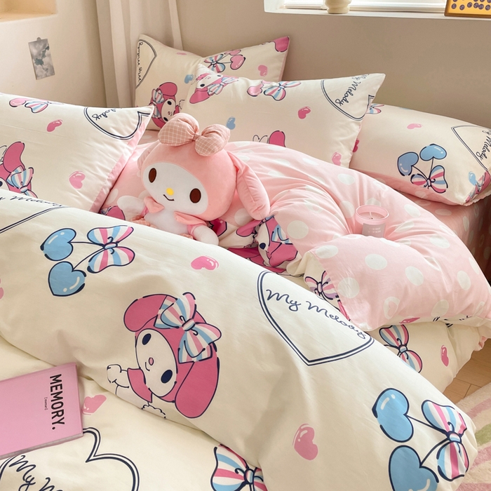 91家纺网 家纺一手货源 找家纺 博雅 2024新款全棉三丽鸥AB版活性印花四件套 樱桃美乐蒂