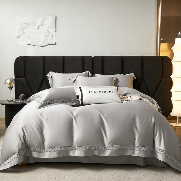 91家纺网 家纺一手货源 找家纺 榻尚家居 2024新款天丝棉法式镂空工艺款四件套--云绡（会员减20） 优雅灰