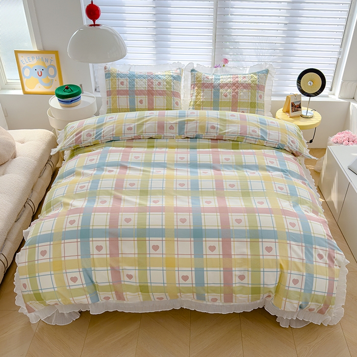 91家纺网 家纺一手货源 找家纺 冬然 2023新款全棉床盖纯棉床盖夹棉床单全棉床单纯棉床单爱心格-粉