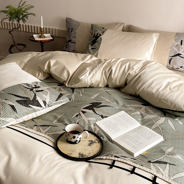 91家纺网 家纺一手货源 找家纺 赫帛 2024新款50s缎纹数码印花长绒棉四件套--竹韵系列 竹韵-绿色