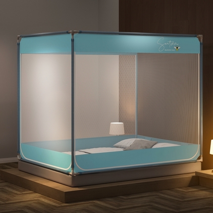 91家纺网 家纺一手货源 找家纺 飞轮海 2023新款床笠款中开门坐床蚊帐 Z68-白靛蓝（床笠底）