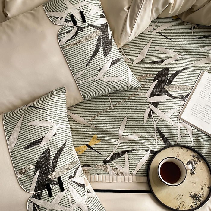 91家纺网 家纺一手货源 找家纺 赫帛 2024新款50s缎纹数码印花长绒棉四件套--竹韵系列 竹韵-绿色